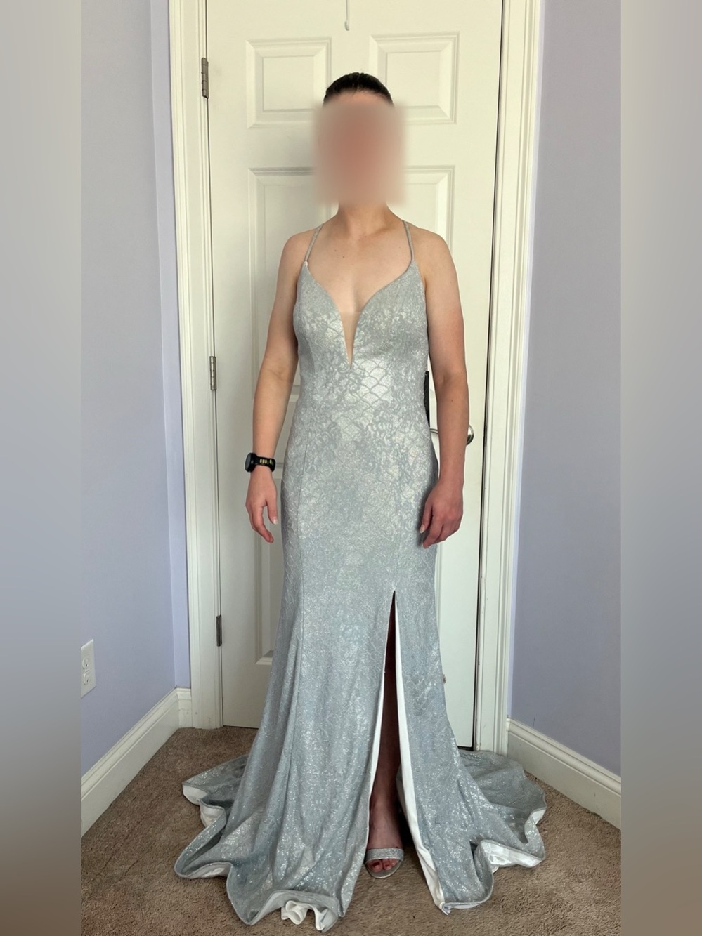 Amarra Glitter Prom Dress Size 6 Platinum Blue NWT Bustled